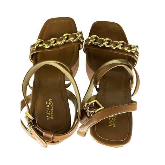 NEW Michael Kors Paola Chain Leather Platform Sandals Brown Gold Chain Size 9 - Picture 9 of 14